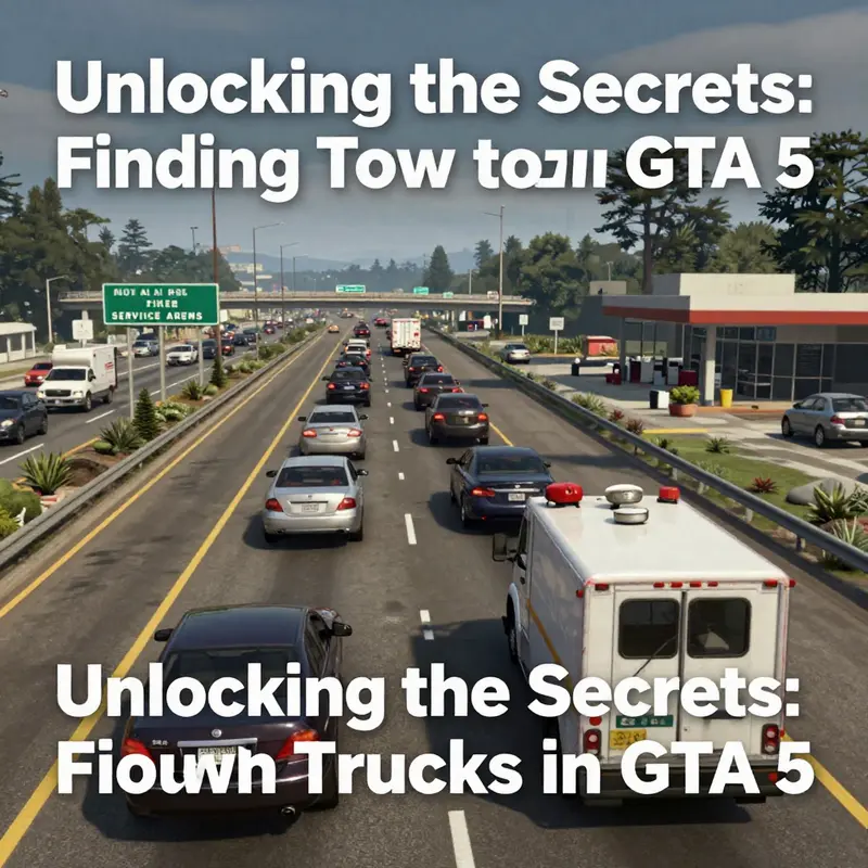 Tow trucks lined up near warehouses in an industrial area of GTA 5, highlighting optimal locations for vehicle recovery.