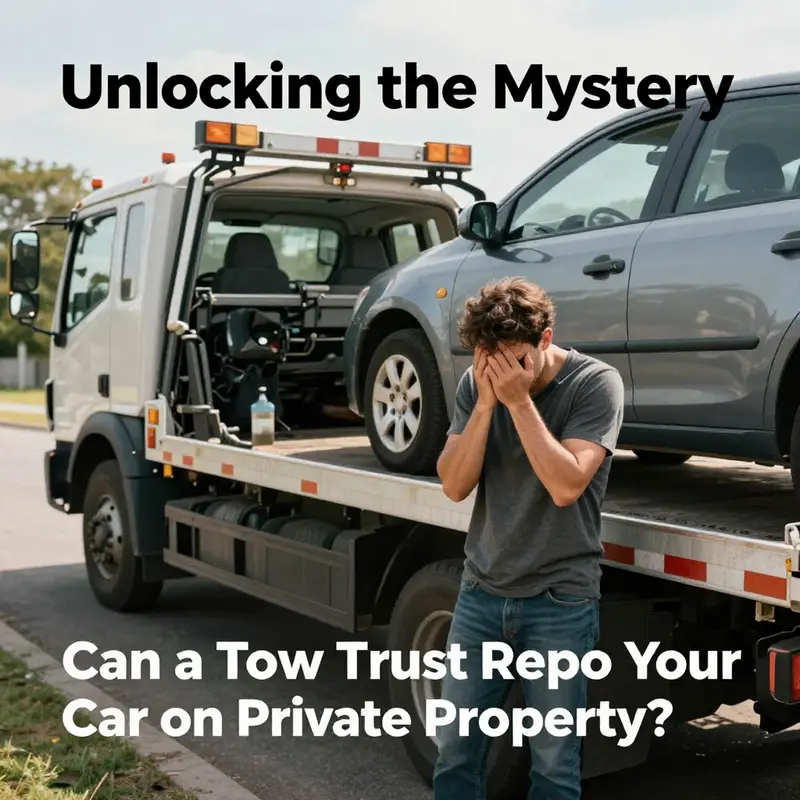 A legitimate tow truck prepares for vehicle repossession on private property, illustrating legal nuances.