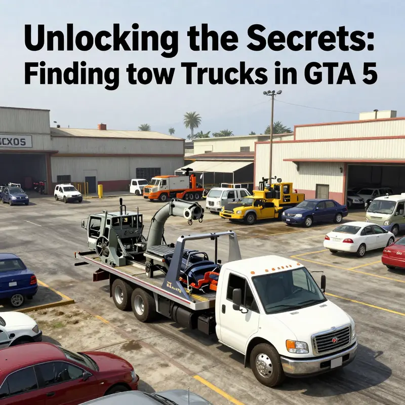 Tow trucks lined up near warehouses in an industrial area of GTA 5, highlighting optimal locations for vehicle recovery.