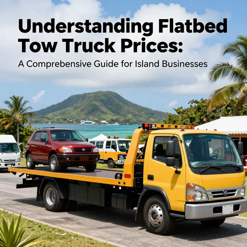 A picturesque island landscape featuring flatbed tow trucks, indicating their importance to local automotive services.