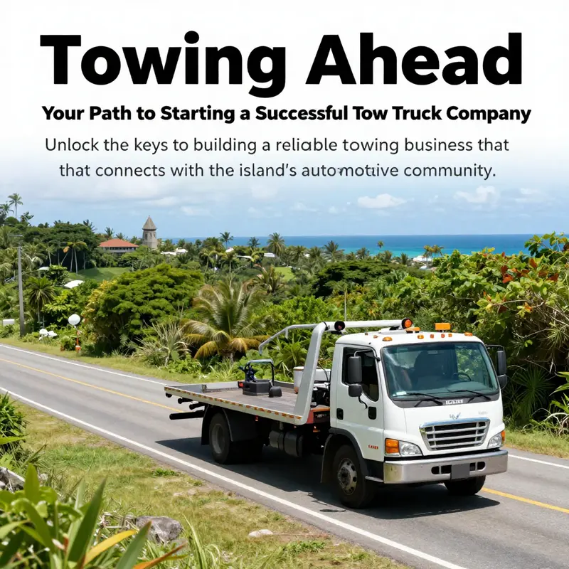 A scenic island road with a tow truck, representing towing services in a coastal setting.