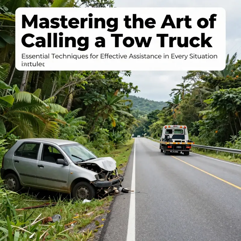 A picturesque island road with a stranded vehicle, showing a tow truck approaching to assist.