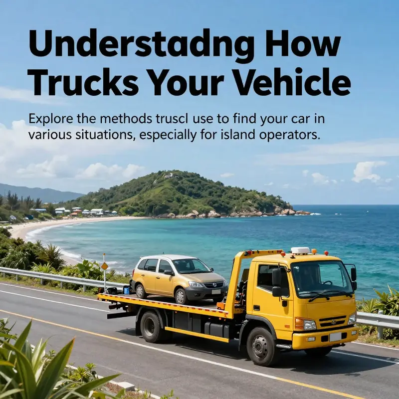 A tow truck parked on a scenic island road with coastal views, highlighting the relationship between towing services and island living.