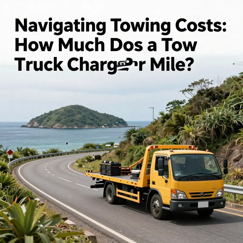 A tow truck parked alongside a beautiful island road, signifying vehicle support.
