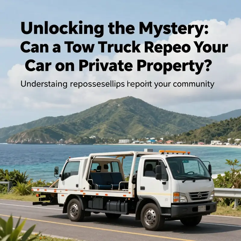 A scenic island backdrop with a tow truck actively repossessing a vehicle, illustrating laws and practices.