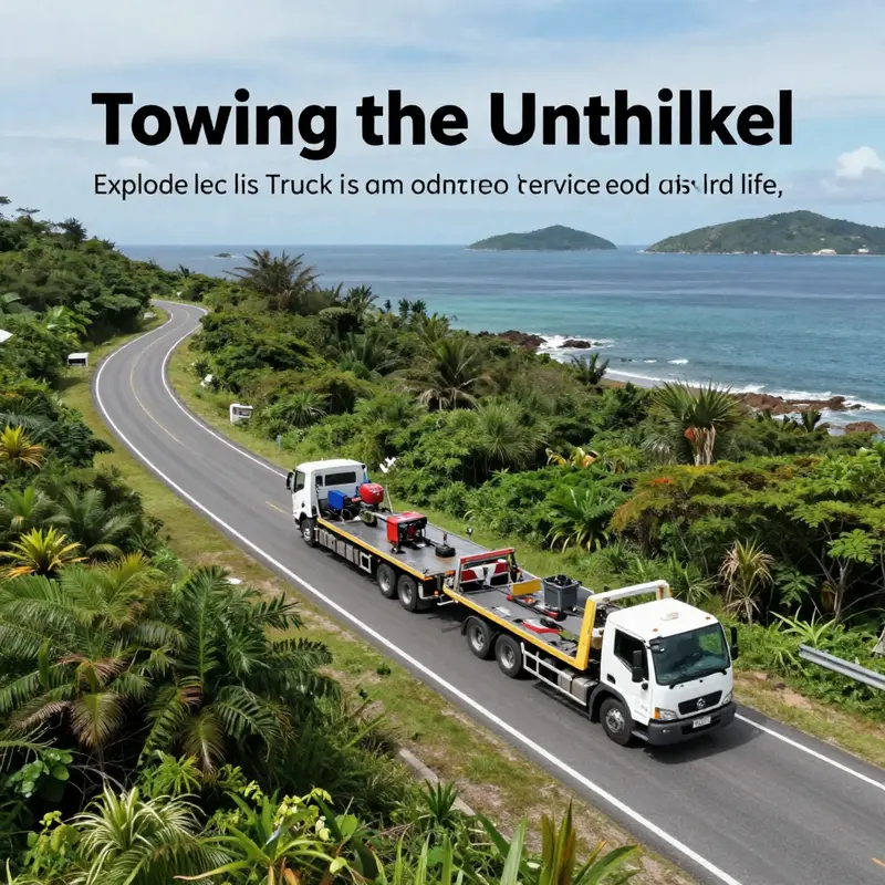 Aerial view of an island road with tow trucks, depicting the connection between roadside services and the environment.