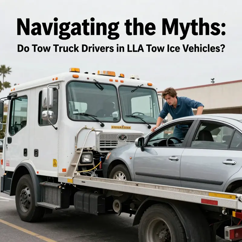 A confused driver encounters a tow truck service, illustrating the misunderstanding around ‘ice vehicles’.