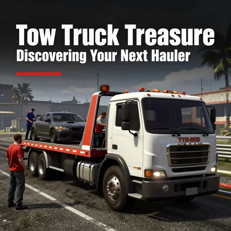 A tow truck parked outside a car dealership, highlighting key locations for players to find them in GTA 5.