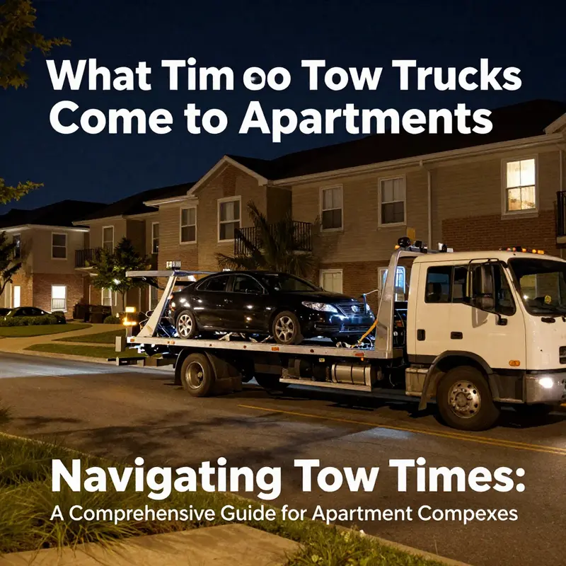A tow truck approaches an apartment complex during the regular towing hours, illustrating the typical timeframes for towing operations.