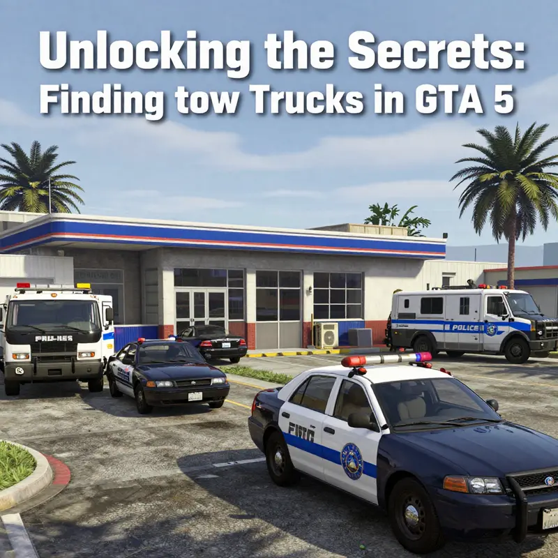 Tow trucks lined up near warehouses in an industrial area of GTA 5, highlighting optimal locations for vehicle recovery.