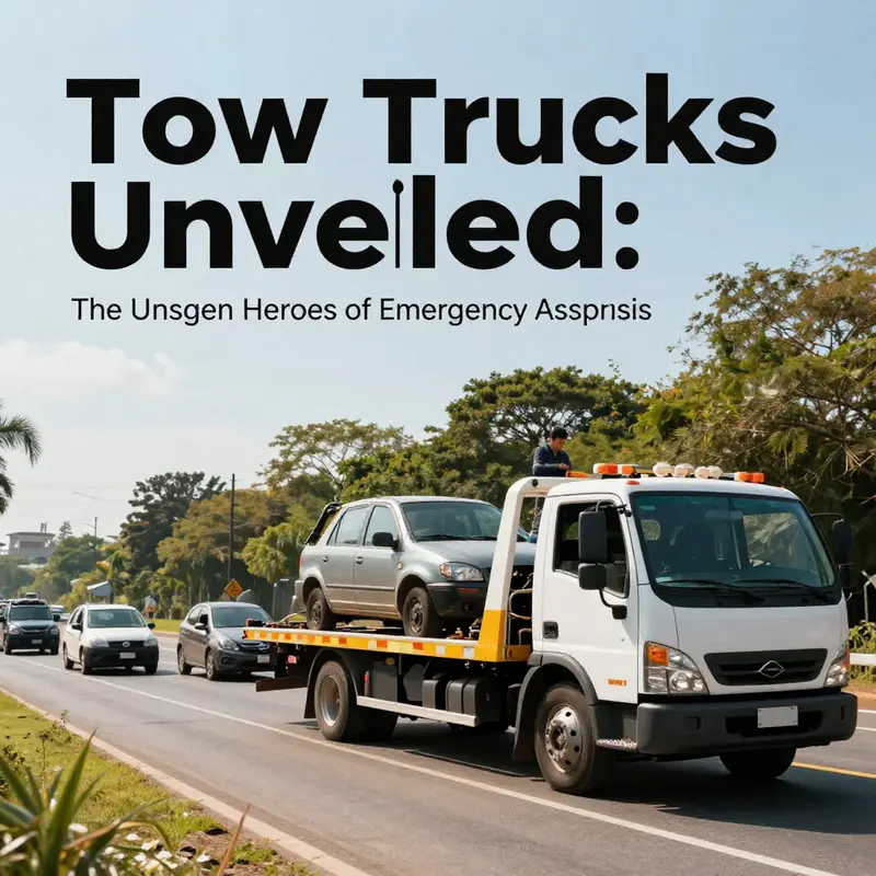 Tow truck aiding in vehicle recovery amidst a vibrant roadside environment.