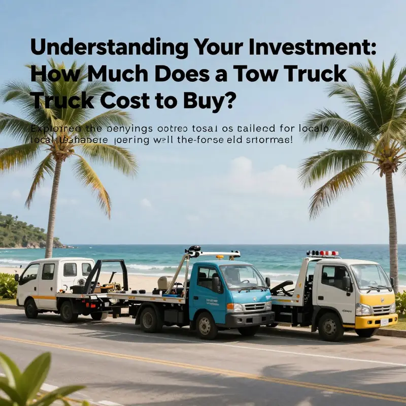 A collection of tow trucks on a coastal road, showing different types available in the market.