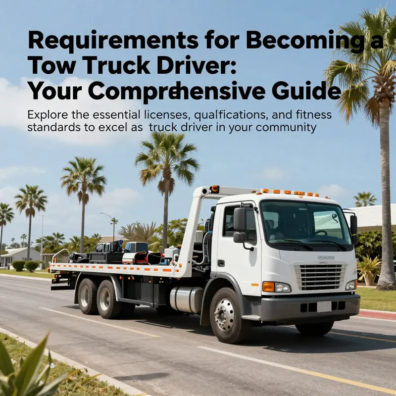 Tow truck navigating through a sunny island landscape with vibrant palm trees.
