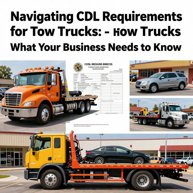 A collage of images portraying tow trucks, CDL documents, and automotive businesses, symbolizing the relationship between regulation and service.
