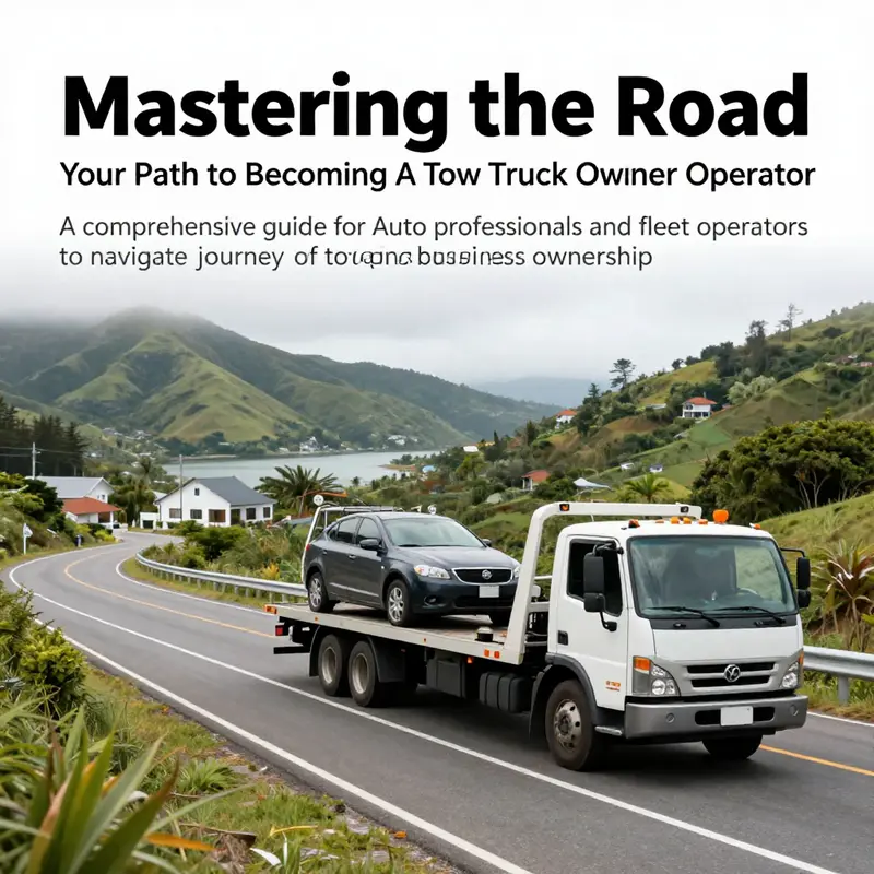 A tow truck assisting a stranded vehicle on an island road surrounded by scenic landscapes.