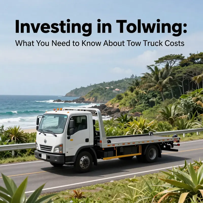 An idyllic scene featuring a tow truck on a picturesque island road.