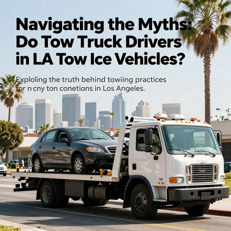 A tow truck rescuing a vehicle with the Los Angeles skyline in the background, representing towing services in sunny conditions.