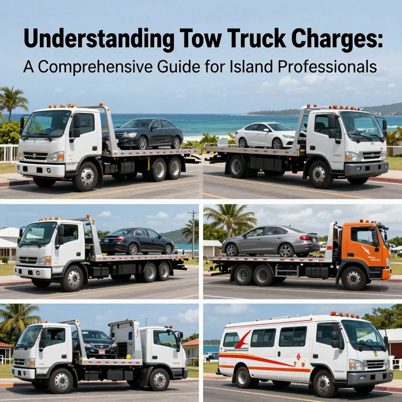 A detailed collage displaying different types of tow trucks operating on the islands, illustrating the diversity and needs in towing services.