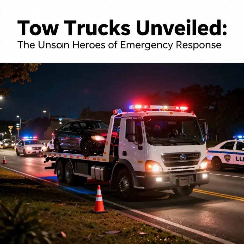 Tow truck aiding in vehicle recovery amidst a vibrant roadside environment.