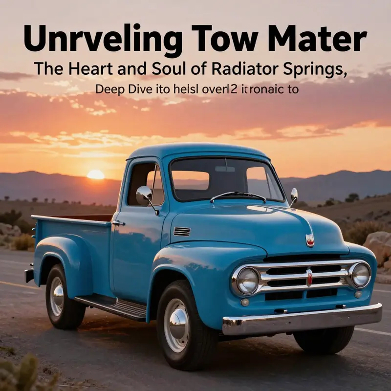 Tow Mater in Radiator Springs at sunset, highlighting his iconic presence.