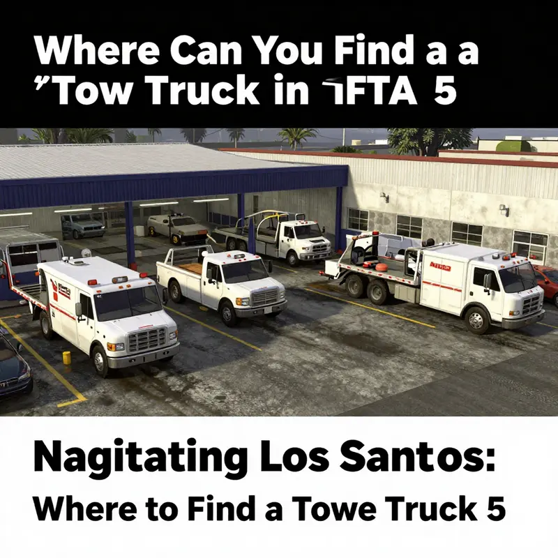 An illustrated map highlighting key locations to find tow trucks in GTA 5.