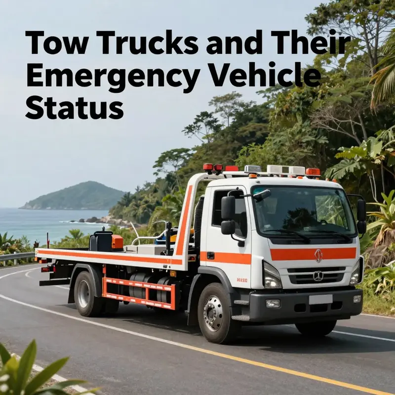 A tow truck navigating a picturesque island road, illustrating its vital role in emergency services.