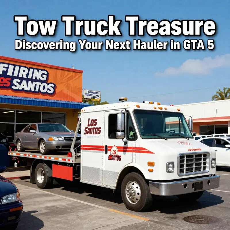 A tow truck parked outside a car dealership, highlighting key locations for players to find them in GTA 5.