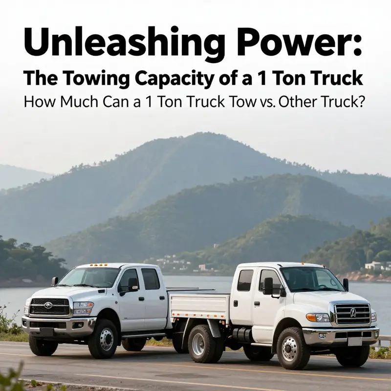 A 1 ton truck demonstrating its towing capacity on a picturesque island road.