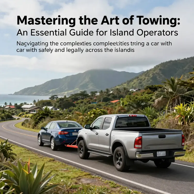 A pickup truck towing a car through a beautiful island landscape, emphasizing the article's focus on towing.