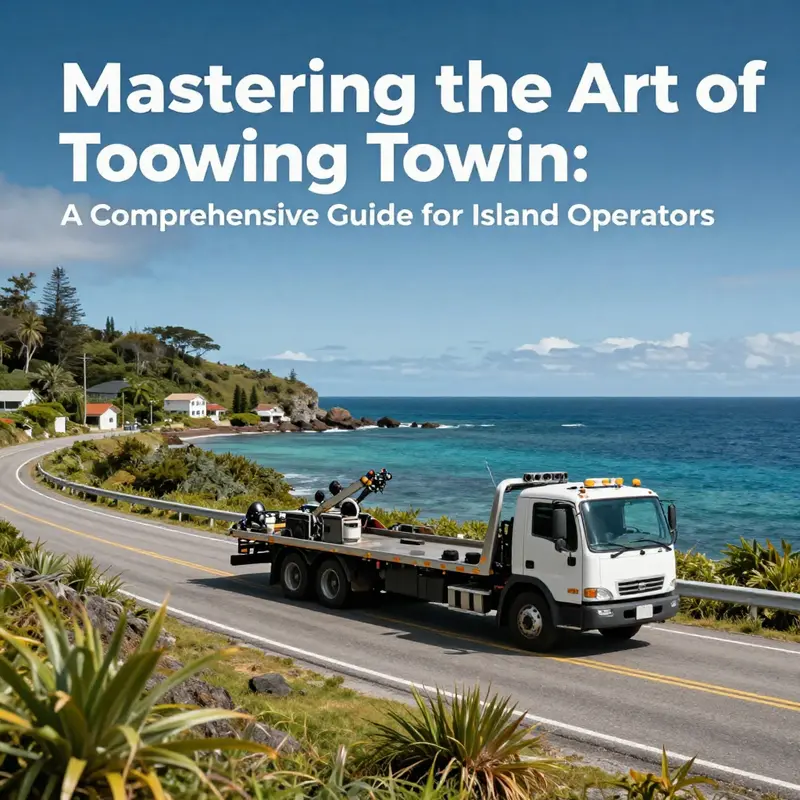 Panoramic view of a towing truck traveling on an island road among lush greenery.