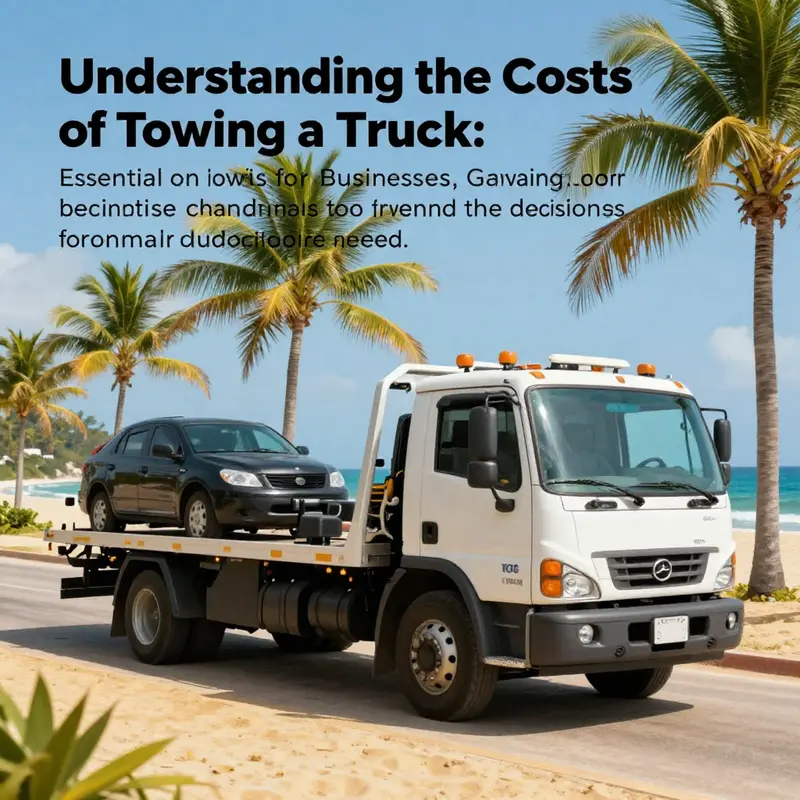 Tow truck parked in a picturesque island landscape with palm trees and a beautiful beach.