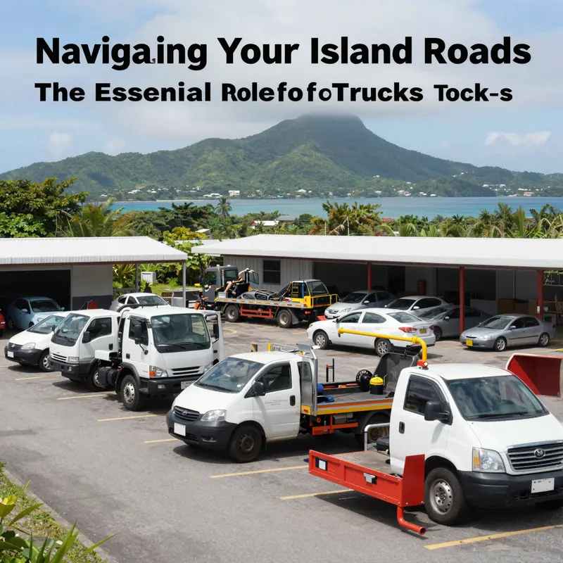 Multiple towing trucks parked in an auto repair service yard against a scenic island backdrop.