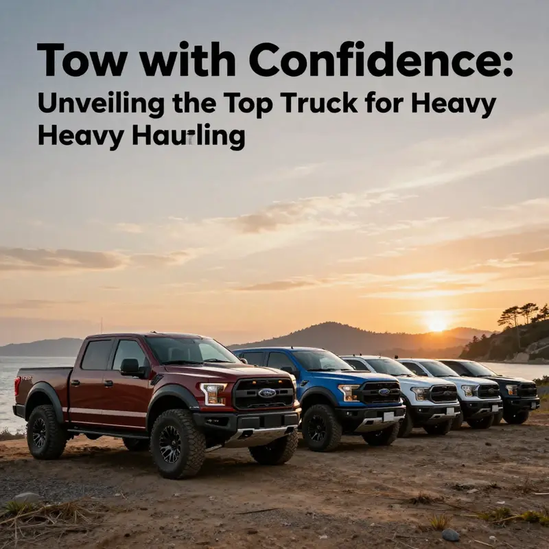 A lineup of trucks against a picturesque sunset on an island, showcasing their readiness for hauling and towing.