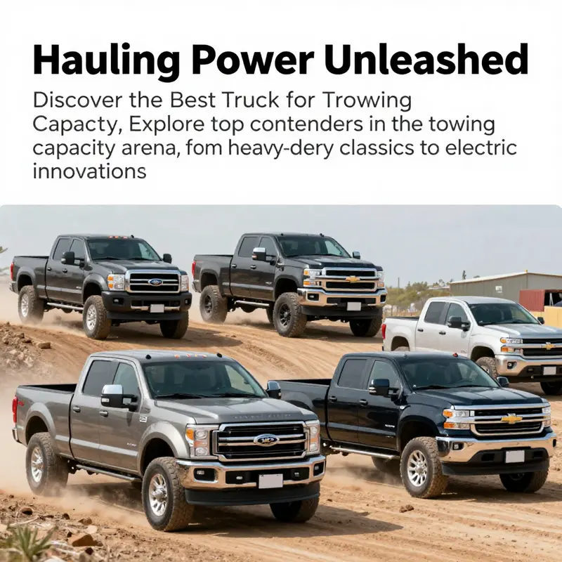 A vibrant image depicting multiple trucks in a towing competition, illustrating their capabilities and features.
