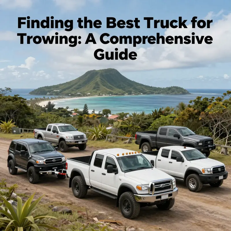 Various trucks designed for towing lined up against a picturesque island landscape.