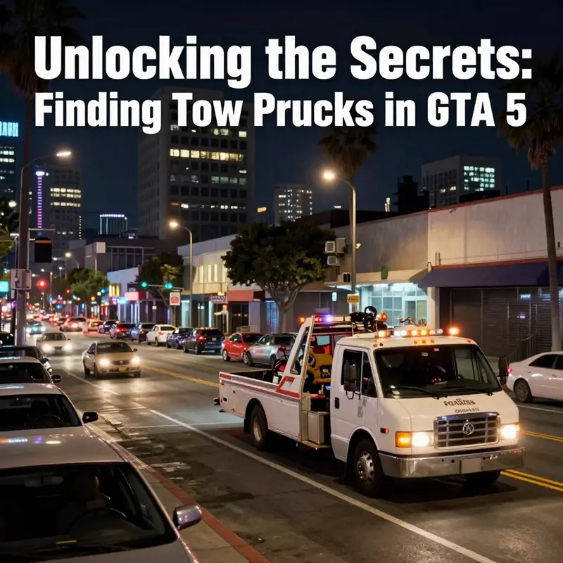Tow trucks lined up near warehouses in an industrial area of GTA 5, highlighting optimal locations for vehicle recovery.
