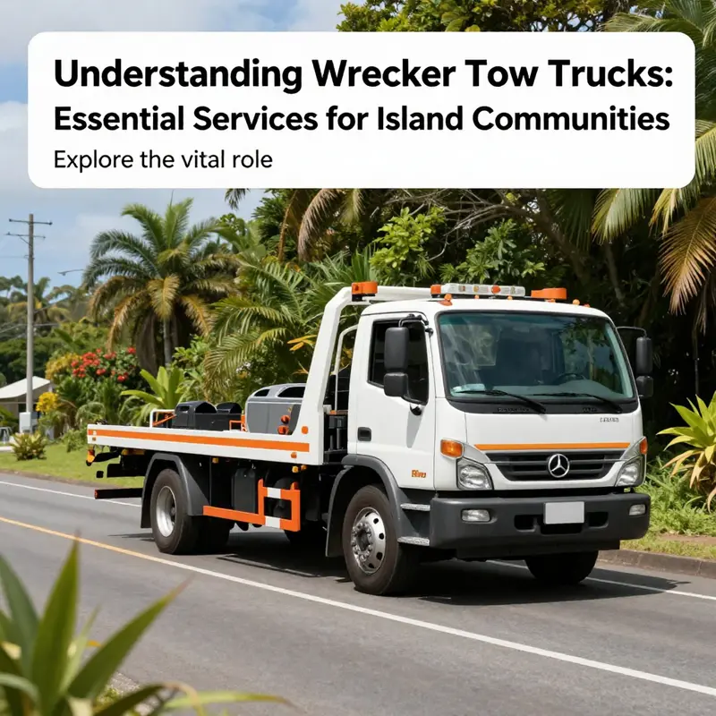 A vibrant scene featuring a wrecker tow truck on a sunny island road, capturing the essence of safety and community support.