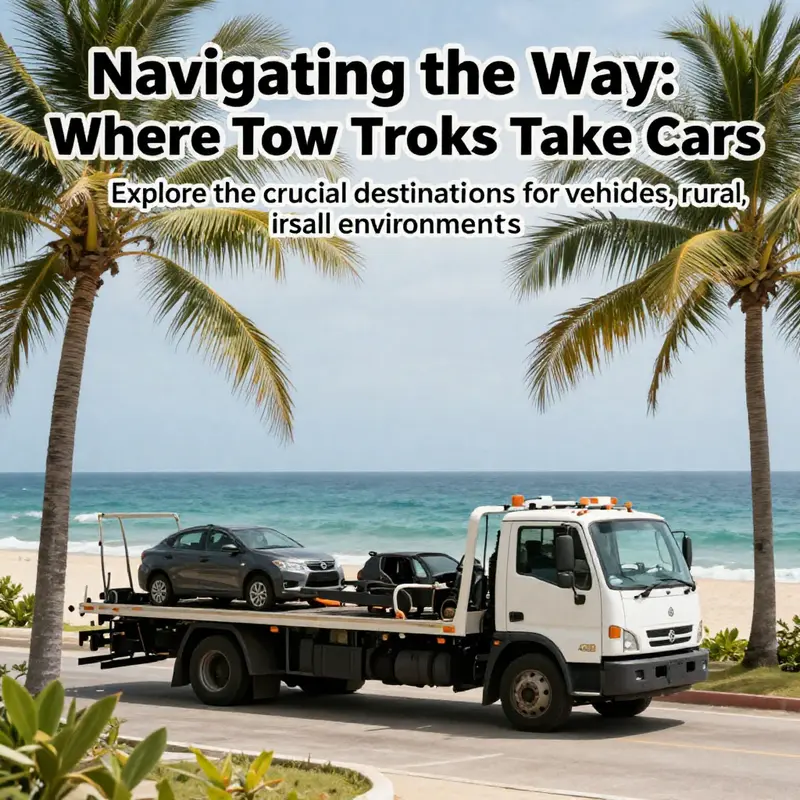 A tow truck parked by the beach, with palm trees and ocean creating a serene setting.