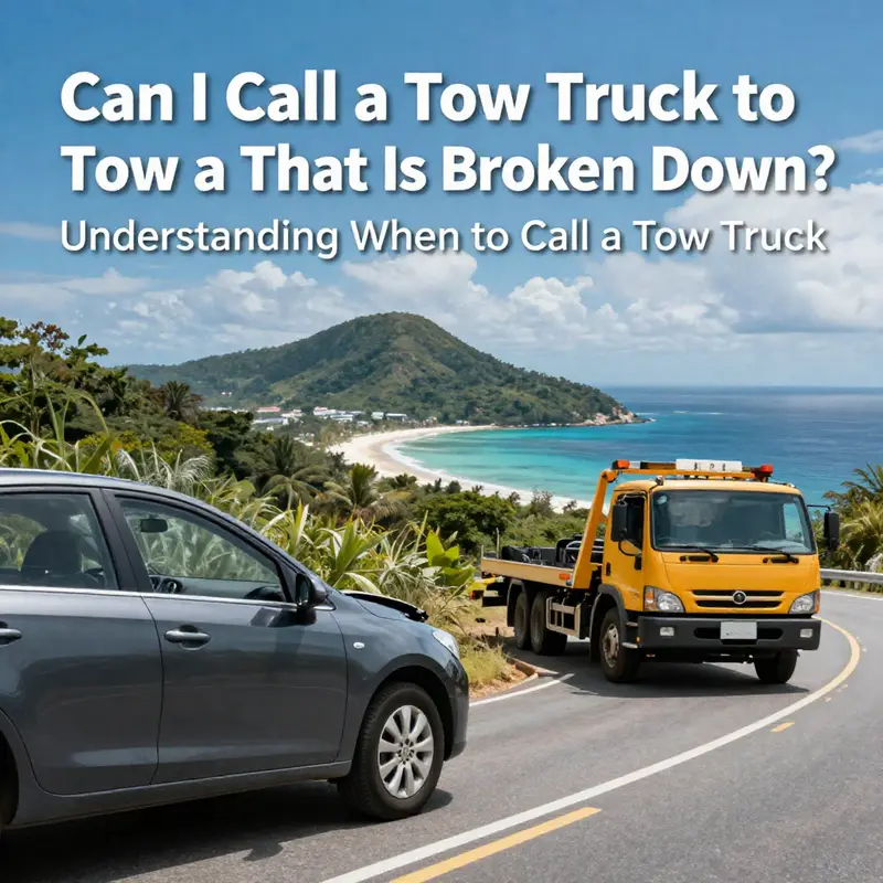 A tow truck assisting a broken-down vehicle against an island backdrop.