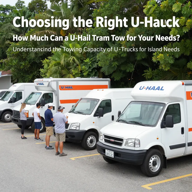 An overview of U-Haul trucks showcasing their towing capabilities in a scenic island environment.