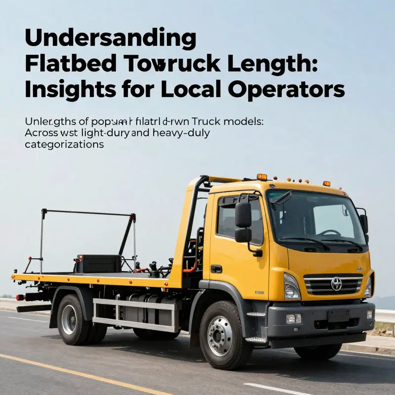 This image illustrates a flatbed tow truck parked alongside a car, allowing viewers to grasp the dimensions effectively.