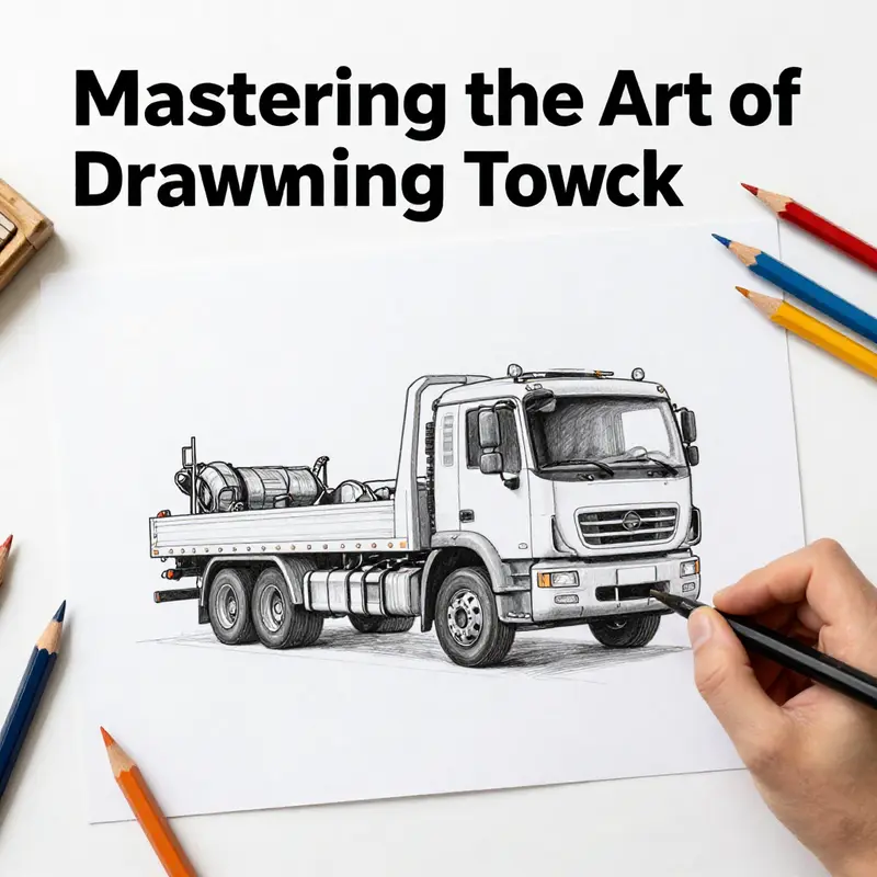 A completed illustration of a tow truck displayed with art supplies in a creative workspace.