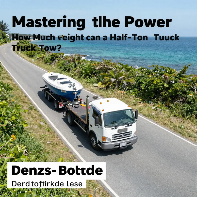 A half-ton truck towing a boat along a coastal winding road, showcasing island life.