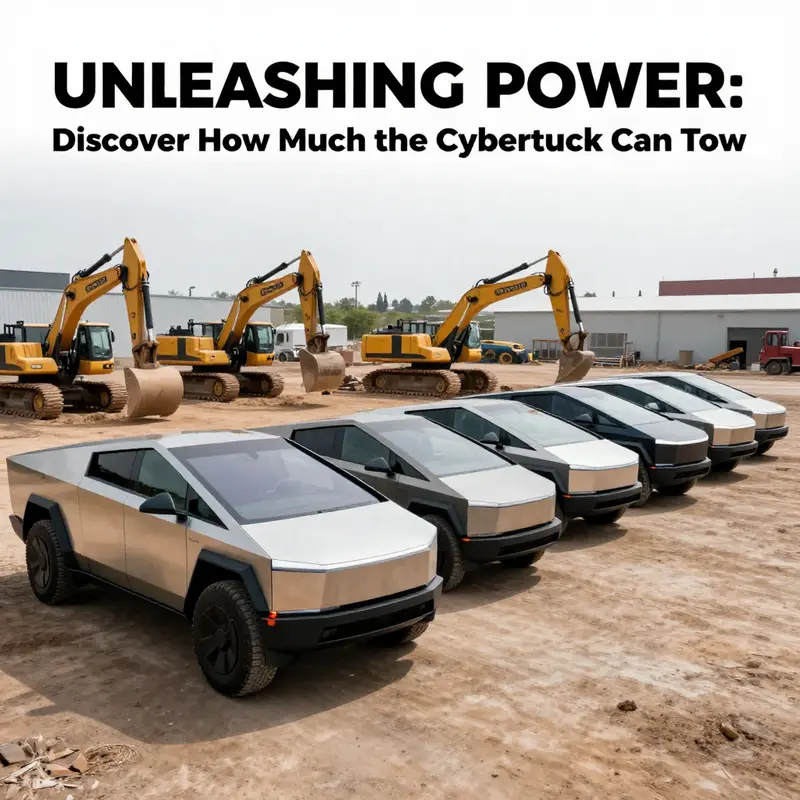 A lineup of Cybertruck models demonstrating their impressive towing capacities in a practical environment.