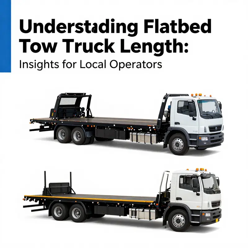 This image illustrates a flatbed tow truck parked alongside a car, allowing viewers to grasp the dimensions effectively.