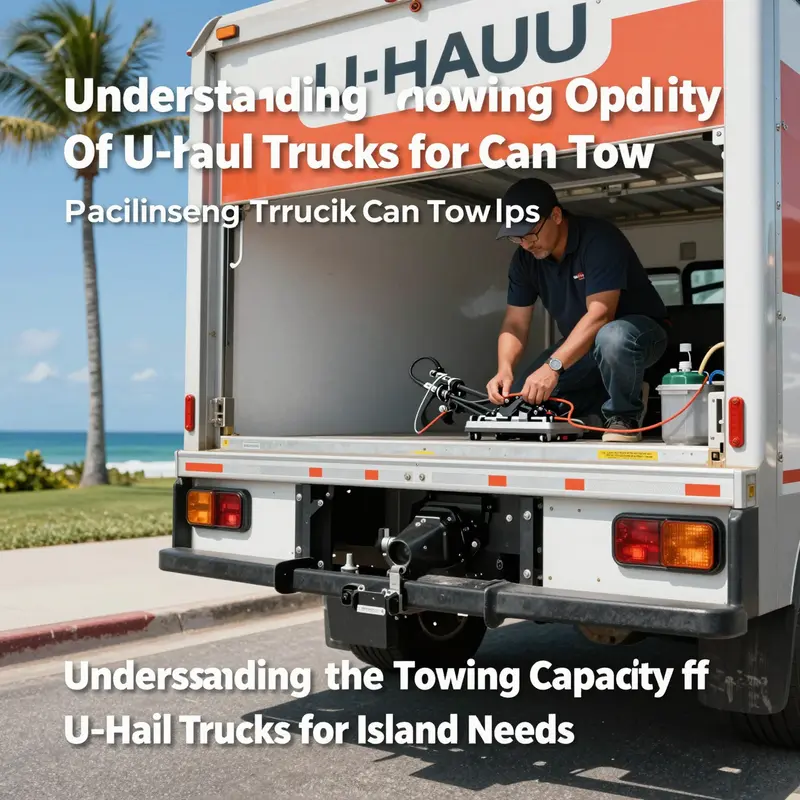 An overview of U-Haul trucks showcasing their towing capabilities in a scenic island environment.