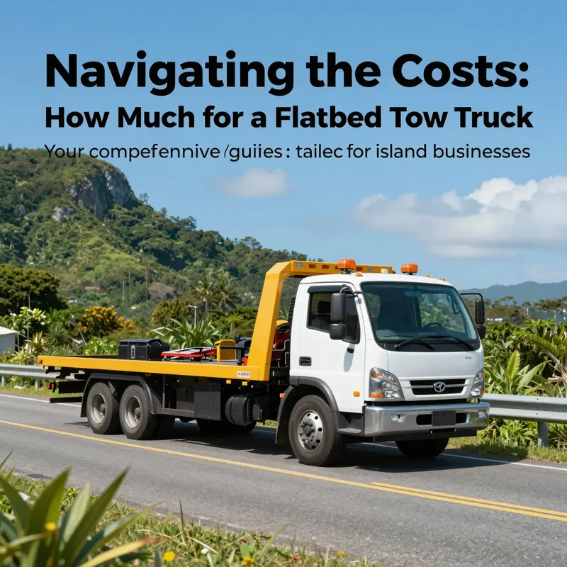 A flatbed tow truck driving on a scenic island road, highlighting the context of towing services.