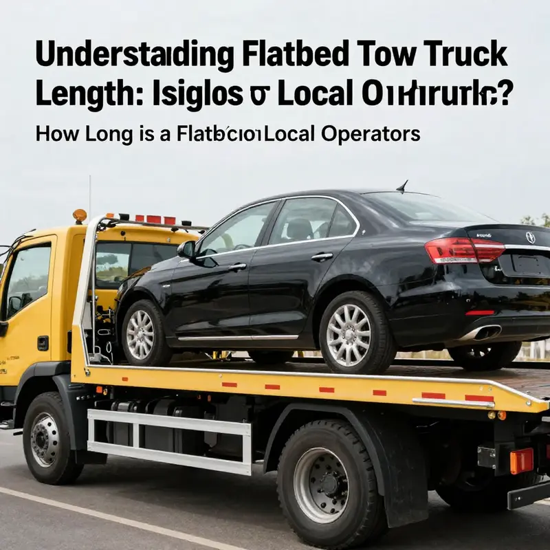 This image illustrates a flatbed tow truck parked alongside a car, allowing viewers to grasp the dimensions effectively.