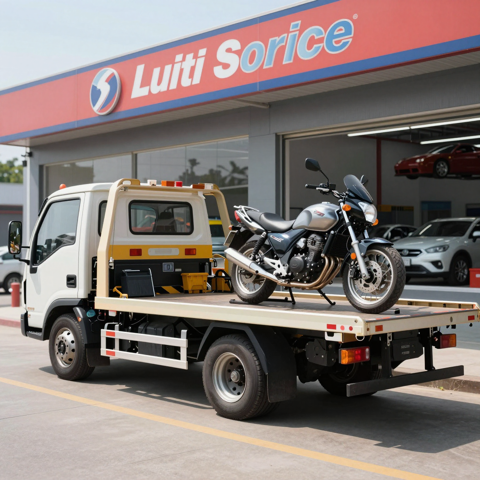 Flat bed tow truck towing a motorcycle