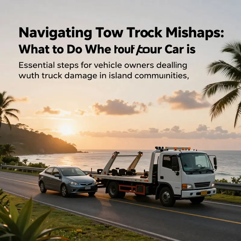 A peaceful island road scene featuring a car and tow truck highlighting community spirit.
